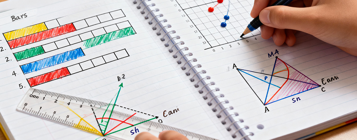 Mathematics notebook showing clear bar models, graphs, and diagrams used to solve PSLE and O Level problems