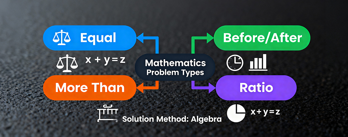 Mathematics concept identification chart showing different problem types with keywords highlighted and corresponding solution methods