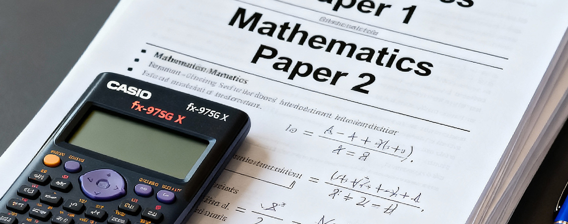 Stack of PSLE and O Level mathematics past exam papers with calculator and pen on study table
