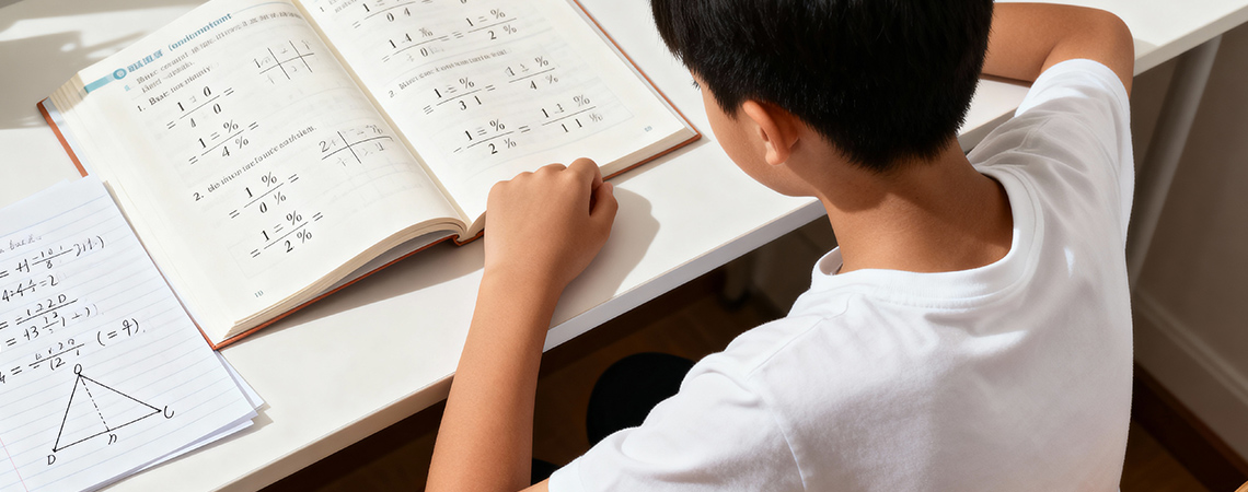 Student studying fundamental mathematics concepts with textbook and notes showing fractions, decimals, and basic algebra formulas