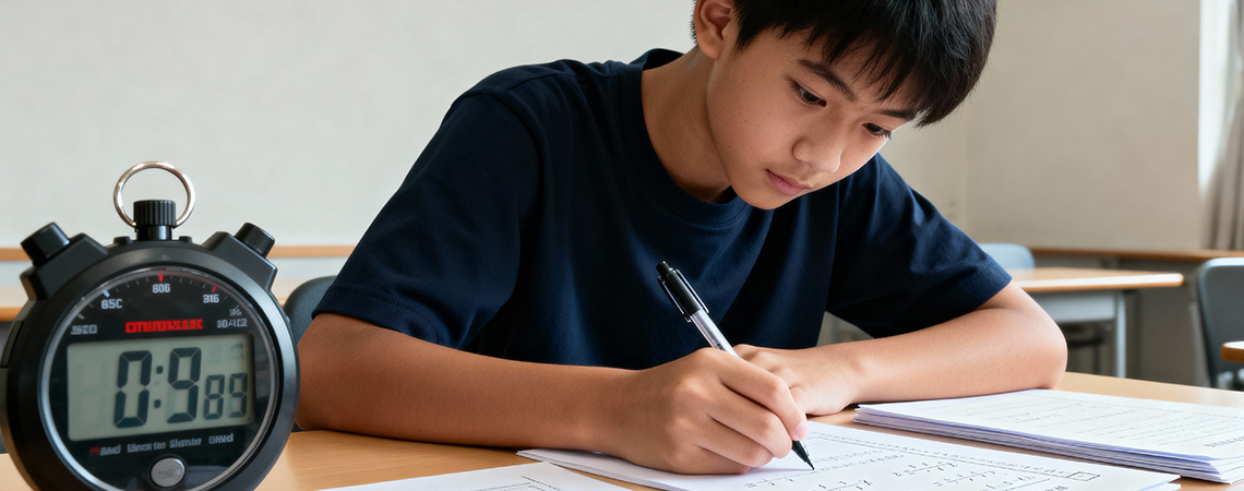 Student timing mathematics practice test with stopwatch and exam paper showing time management strategy