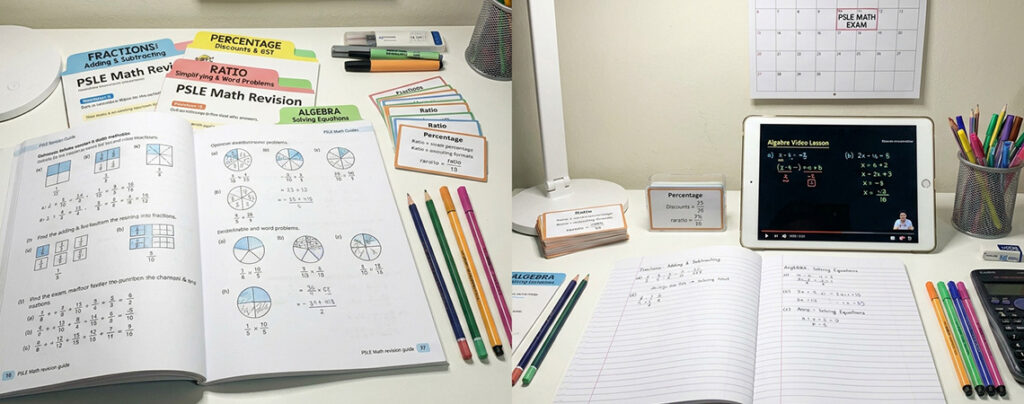 PSLE Maths revision materials showing fractions, ratio, percentage and algebra concepts organised for Primary 6 exam preparation
