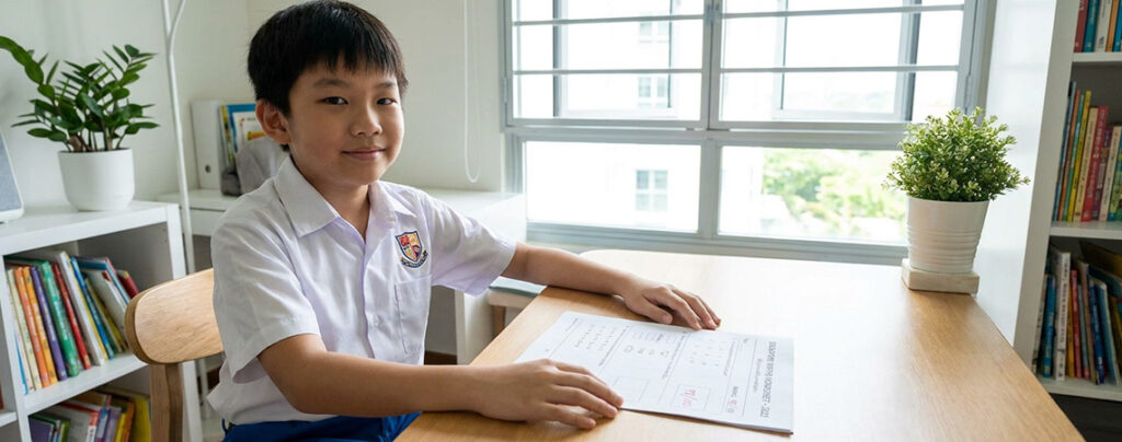 Confident primary 5 student completing maths paper for PSLE preparation Singapore