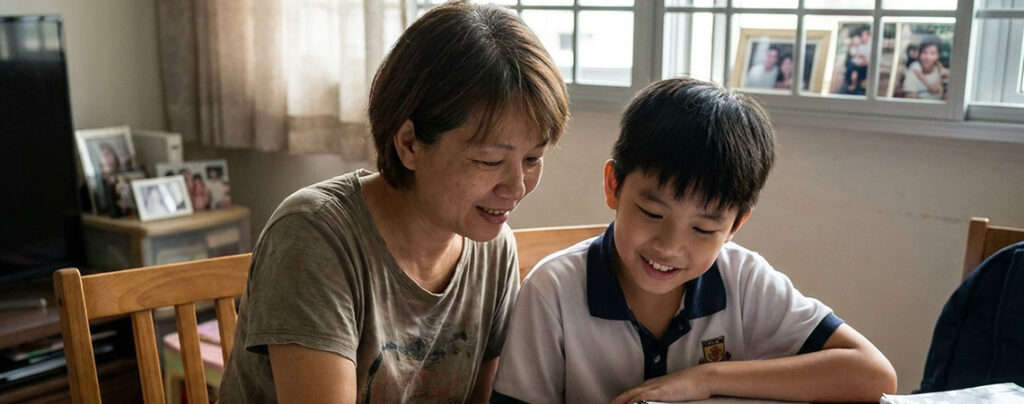 Singapore mother helping primary school son review PSLE maths worksheet at home study table