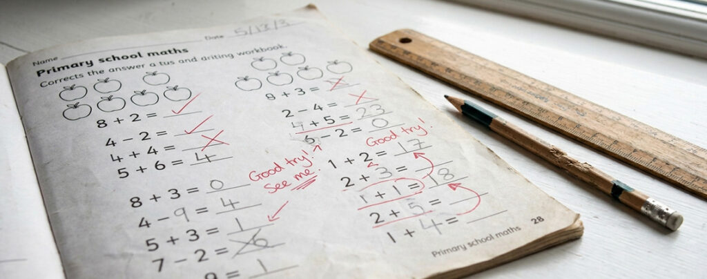 Primary school maths workbook with handwritten corrections on desk Singapore
