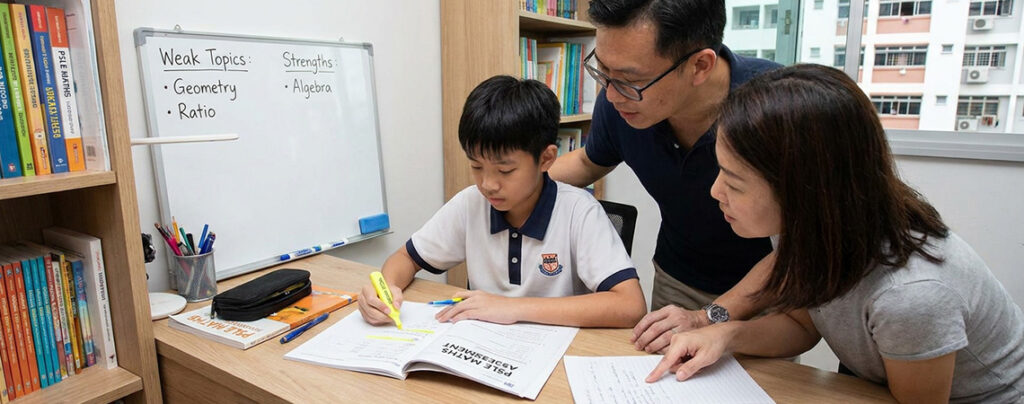 Primary 6 student reviewing PSLE Maths assessment papers and identifying weak topics before starting revision