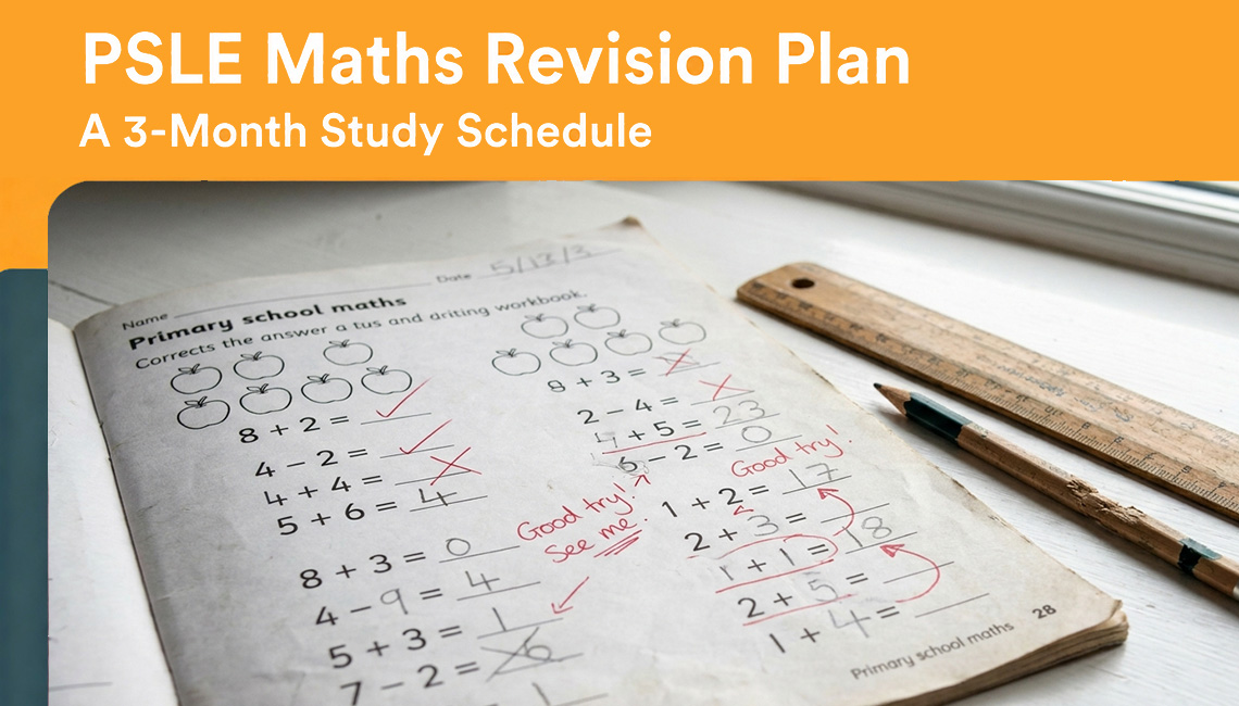 PSLE Maths revision plan blog banner with practice paper and pencil on desk