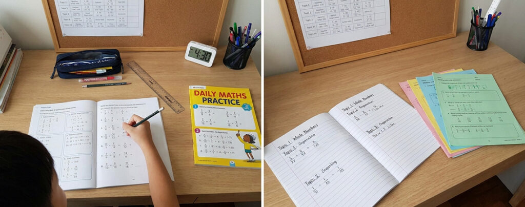 P6 student completing a timed PSLE Maths practice paper under exam conditions