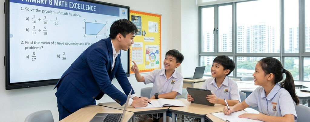 Small group PSLE Maths tuition class with teacher guiding students