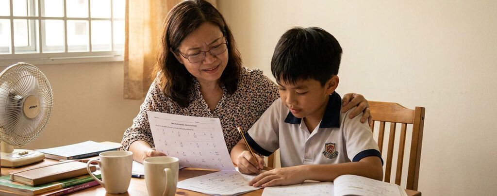Singapore parent checking child's maths worksheet at home