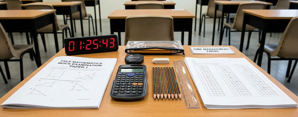 PSLE Maths mock exam paper with stopwatch and calculator used for timed practice and exam preparation