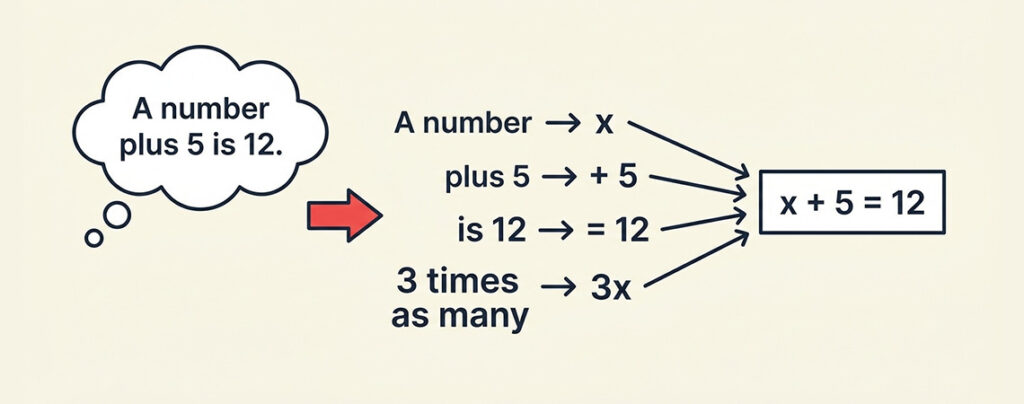 Illustration of translating a word problem into an algebraic equation for PSLE Maths