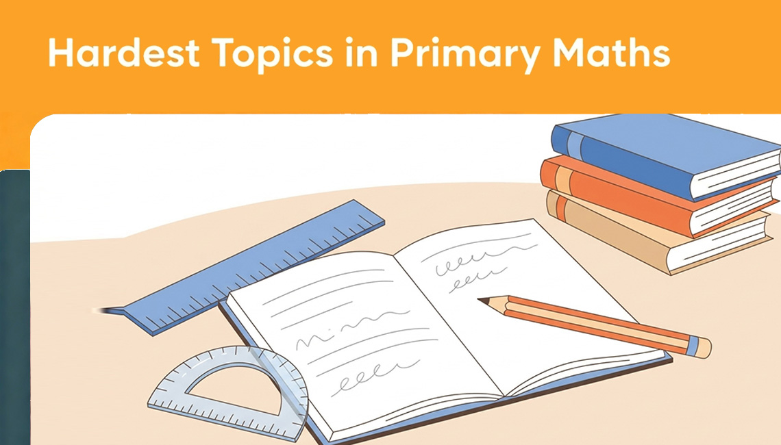 Illustration of Maths study materials representing primary school PSLE preparation