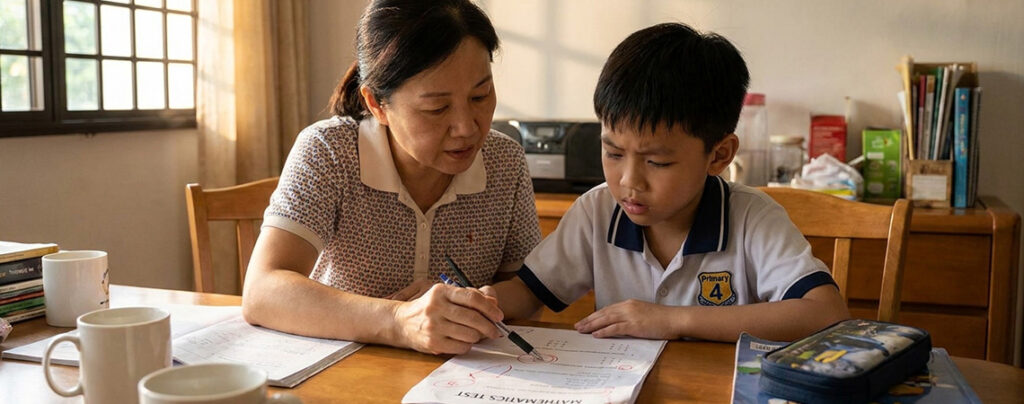 Parent reviewing PSLE Maths test paper with child to identify weak topics